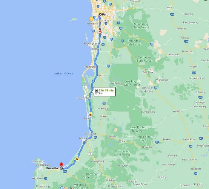 Map of Perth to Busselton