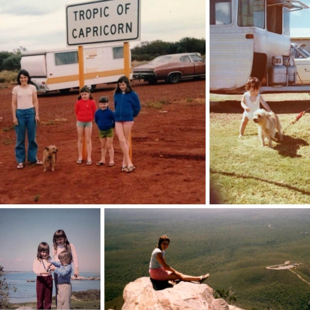 Sally's travels as a young child on the Tropic of Capricorn, in front of a caravan, with her sisters.