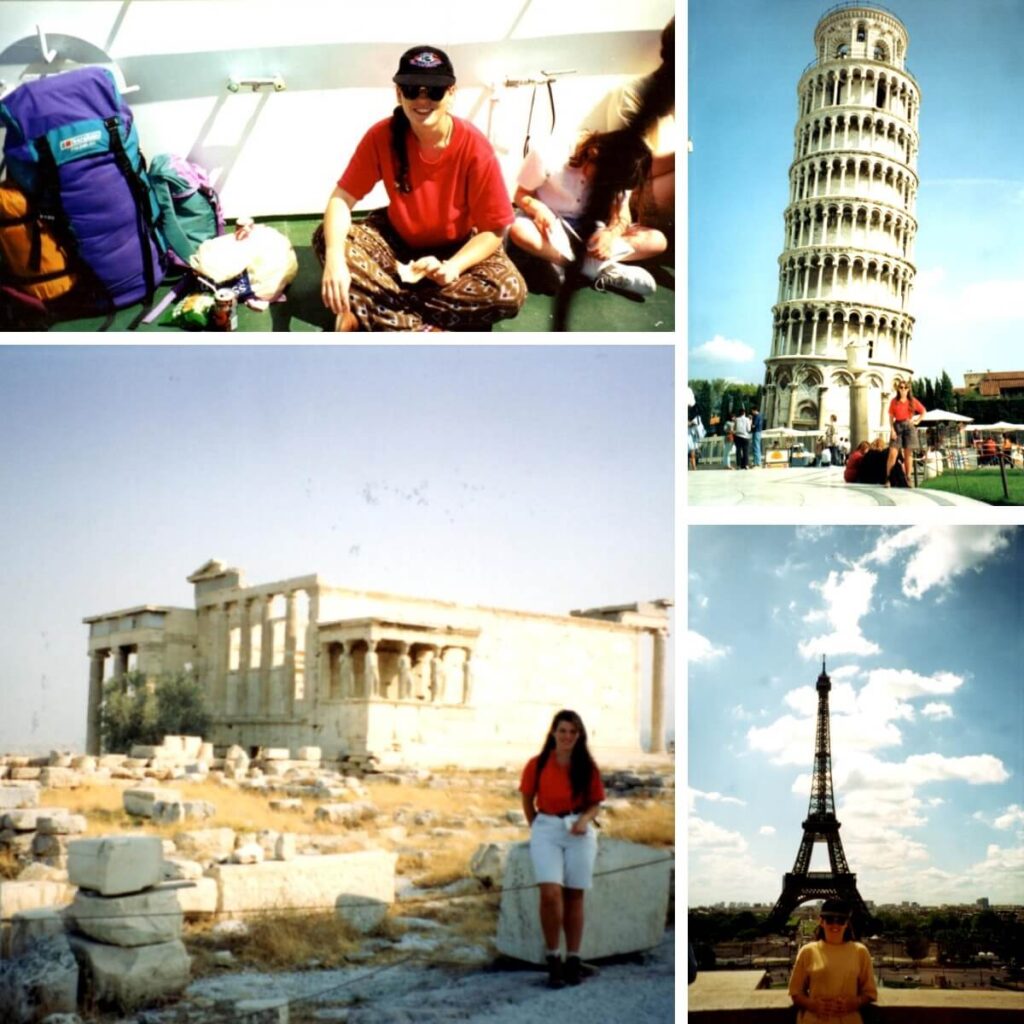 Sally-Ann brown backpacking through Europe on a ferry, in Athens, Piza and Paris