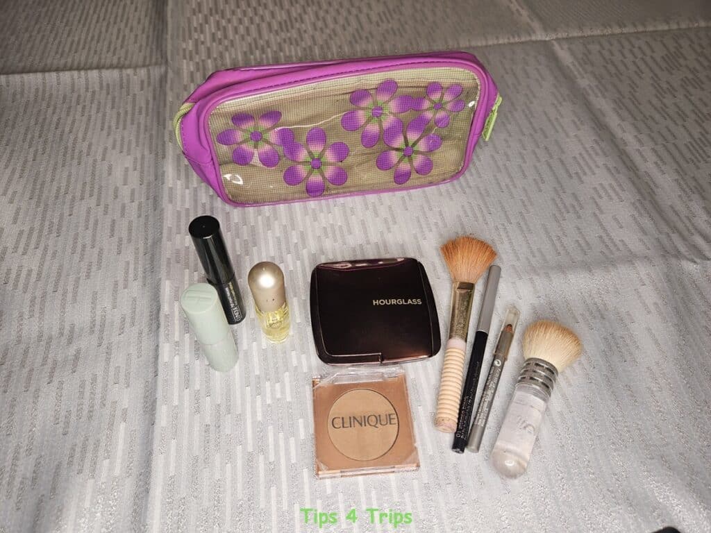 My travel makeup kit consisting of lipstick, mascara, blush, bronzing powder, eyeliner, eyebrow pencil and makeup brushes.
